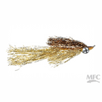 Fishing lure with gold and bronze tinsel on a white background, featuring MFC branding.