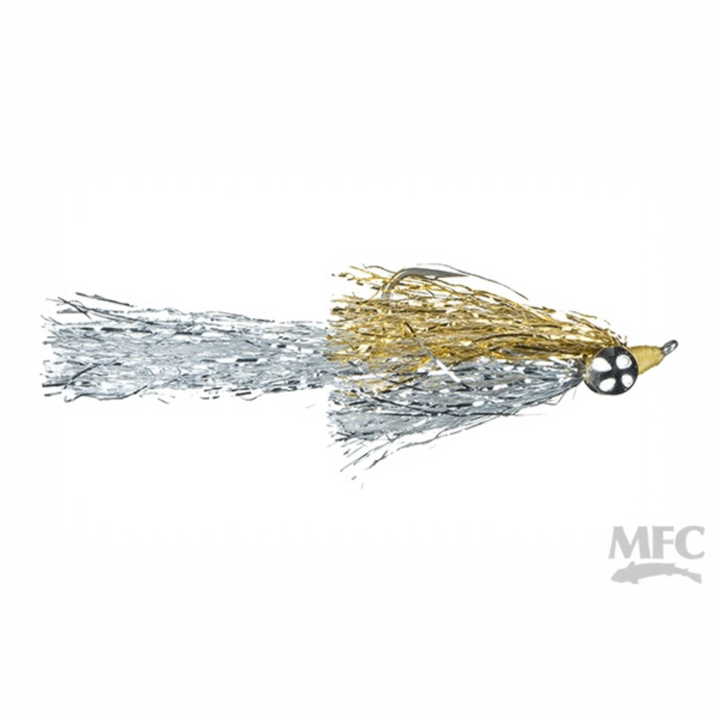 Fishing lure with gold and silver tinsel on a white background, featuring the MFC logo.