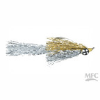 Fishing lure with gold and silver tinsel on a white background, featuring the MFC logo.