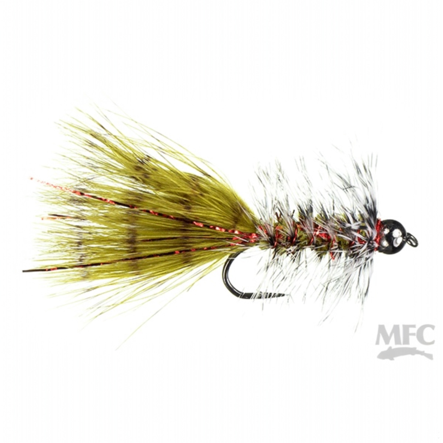 Fishing fly with green body and red accents on a white background, featuring MFC logo.