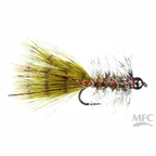 Fishing fly with green body and red accents on a white background, featuring MFC logo.