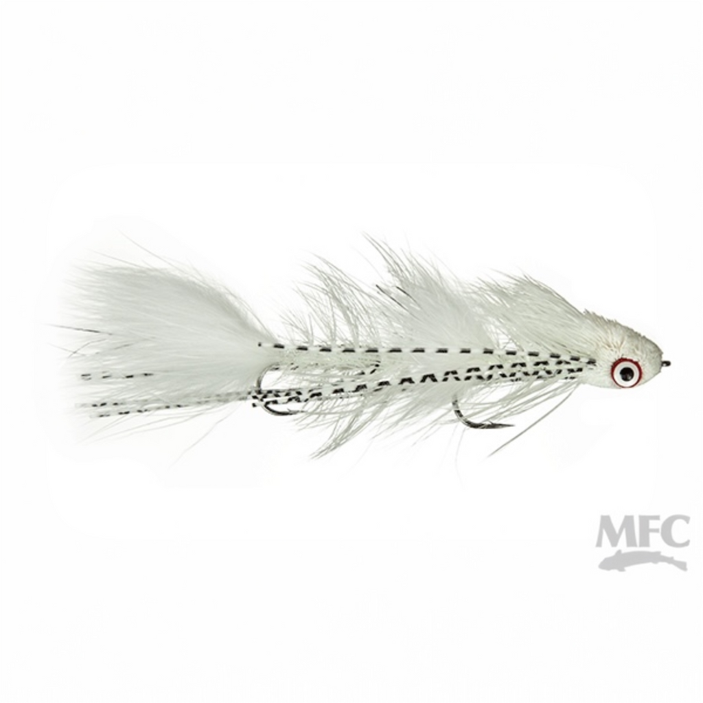 MFC Galloup's Dungeon white and black fly pattern on a white background, featuring MFC branding.