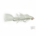 MFC Galloup's Dungeon white and black fly pattern on a white background, featuring MFC branding.