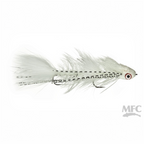 MFC Galloup's Dungeon white and black fly pattern on a white background, featuring MFC branding.
