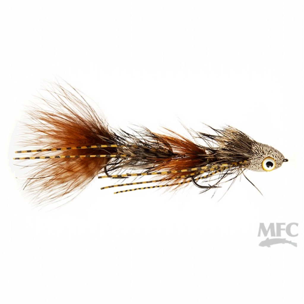MFC Galloup's Dungeon brown and olive fly pattern on a white background, featuring MFC branding.