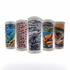 Five colorful tumblers with fish designs on a white background