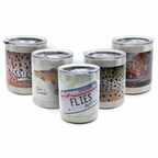 Set of stainless steel tumblers with various designs on a white background