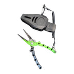 Fishing pliers with green handle and black sheath on a white background