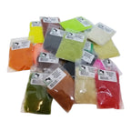 Assorted colored Hareline Rabbit Dubbin bags with labels on a white background
