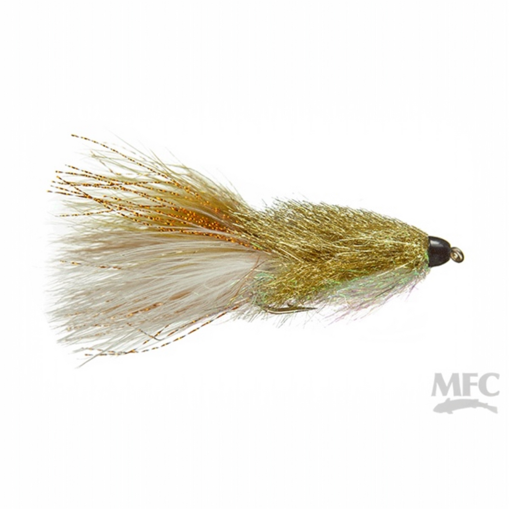 MFC Coffey's Conehead Sparkle Minnow Fishing fly with gold and green body on a white background, featuring MFC logo.