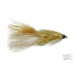 MFC Coffey's Conehead Sparkle Minnow Fishing fly with gold and green body on a white background, featuring MFC logo.