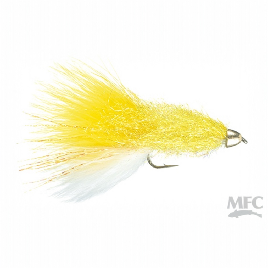 MFC Coffey's Conehead Sparkle Minnow yellow and white fly fishing lure on a white background with MFC branding.