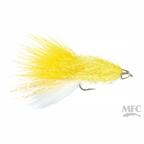 MFC Coffey's Conehead Sparkle Minnow yellow and white fly fishing lure on a white background with MFC branding.
