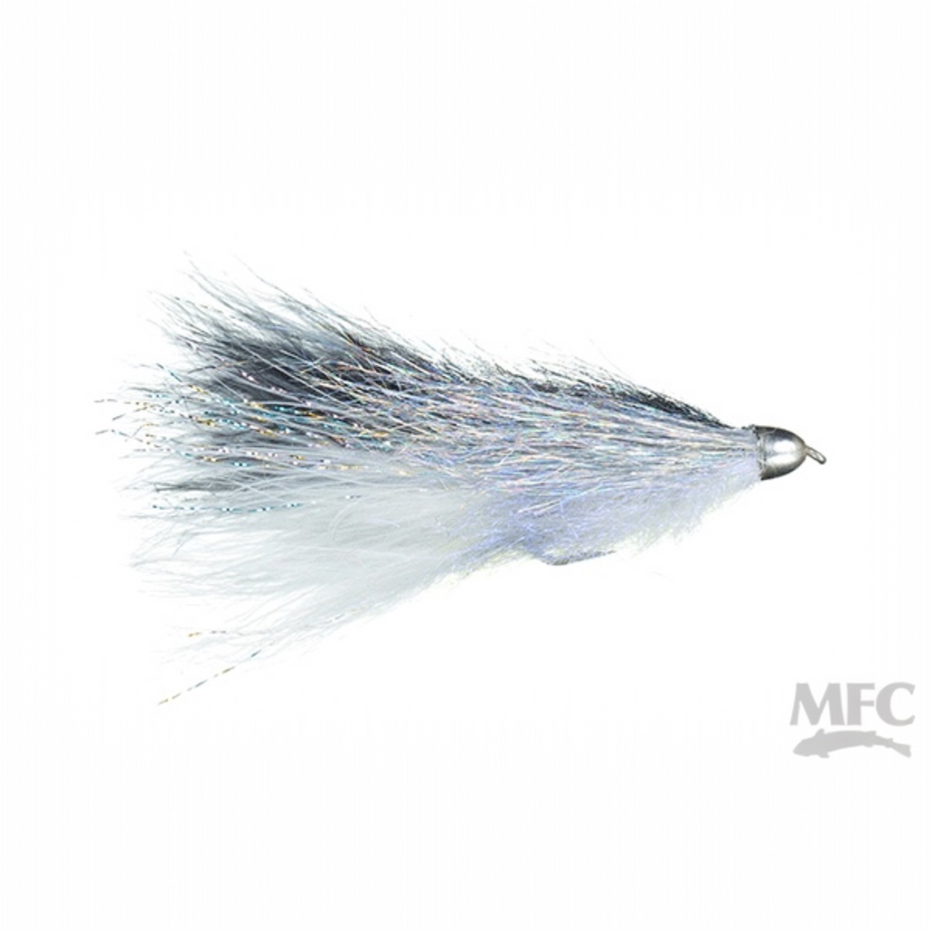 MFC Coffey's Conehead Sparkle Minnow Fishing fly with white body and dark blue and silver tail on a white background, featuring MFC logo.
