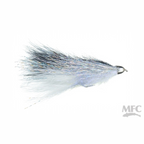 MFC Coffey's Conehead Sparkle Minnow Fishing fly with white body and dark blue and silver tail on a white background, featuring MFC logo.