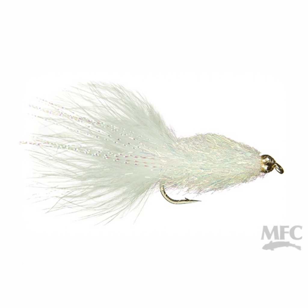 MFC Coffey's Conehead Sparkle Minnow pearl fly fishing lure with a hook on a white background, featuring the MFC logo.