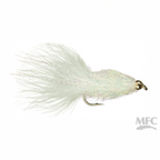 MFC Coffey's Conehead Sparkle Minnow pearl fly fishing lure with a hook on a white background, featuring the MFC logo.