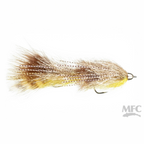Fishing fly with brown and yellow feathers on a white background, featuring the MFC logo.