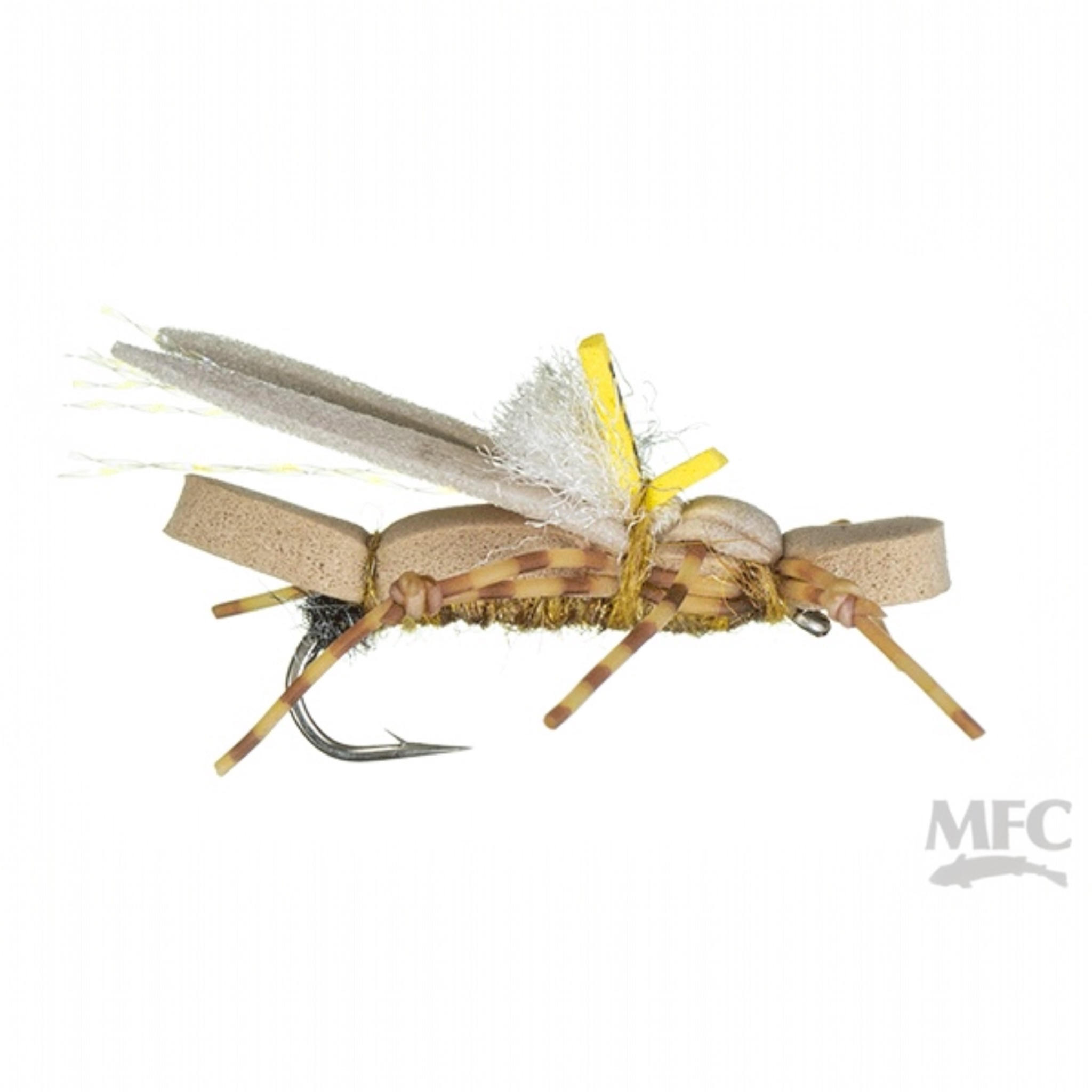 Fishing fly with yellow and brown body on a white background, featuring MFC logo.