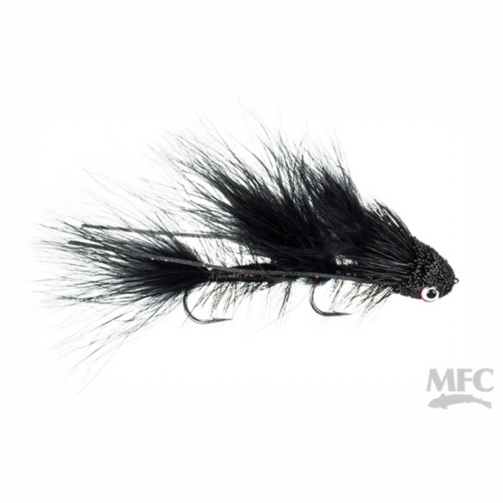 Black fly fishing lure on a white background with MFC logo.