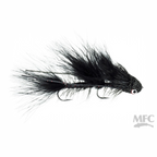 Black fly fishing lure on a white background with MFC logo.