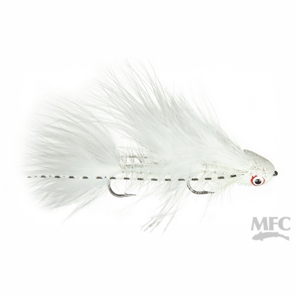 MFC Galloup's Mini Dungeon fishing fly with white and clear details on a white background, featuring the MFC logo.
