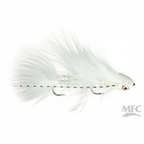 MFC Galloup's Mini Dungeon fishing fly with white and clear details on a white background, featuring the MFC logo.