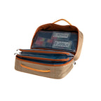 Open Fishpond beige and orange fly tying travel packing bag with gray interior on a white background