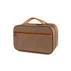 Closed Fishpond beige and orange fly tying travel packing bag with gray interior on a white background