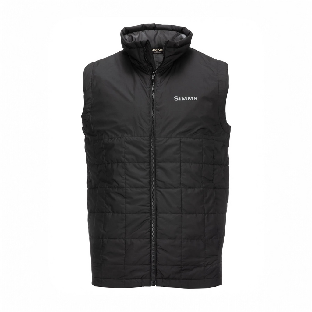 Black puffer Simms MEN's Fall Run Insulated Vest w/CRO Logo with 'Simms' branding on a white background