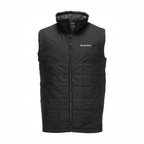 Black puffer Simms MEN's Fall Run Insulated Vest w/CRO Logo with 'Simms' branding on a white background