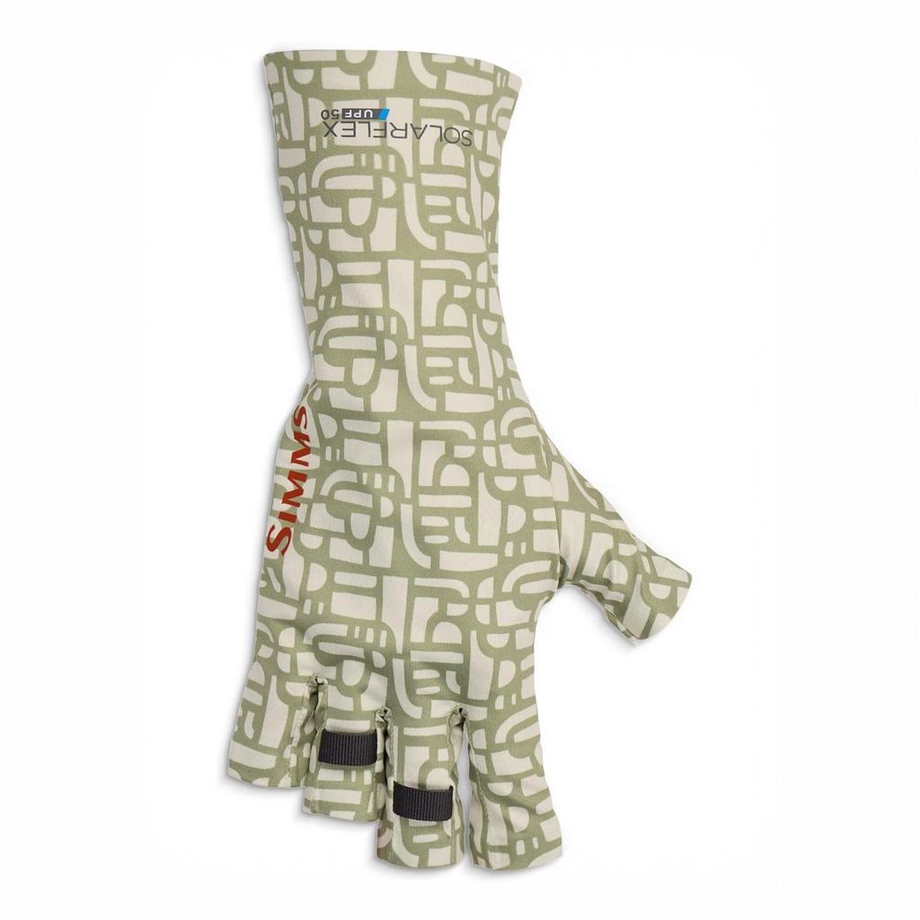Green and white patterned fishing Simms Solarflex Sunglove with brand logos on a white background