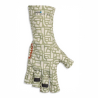 Green and white patterned fishing Simms Solarflex Sunglove with brand logos on a white background