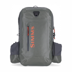 Gray Simms Dry Creek Z Backpack with orange 'Simms' logo on a white background