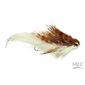 Fishing fly with brown and white feathers on a white background, featuring the MFC logo.
