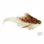 Fishing fly with brown and white feathers on a white background, featuring the MFC logo.
