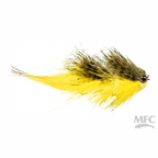 Yellow and brown fly fishing lure on a white background with MFC branding.