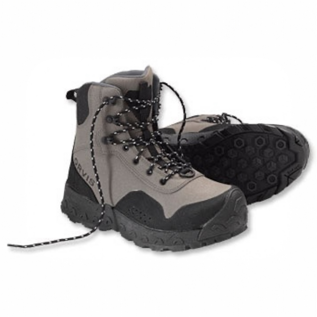 Pair of gray and black hiking boots on a white background