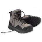 Pair of gray and black Orvis wading boots on a white background