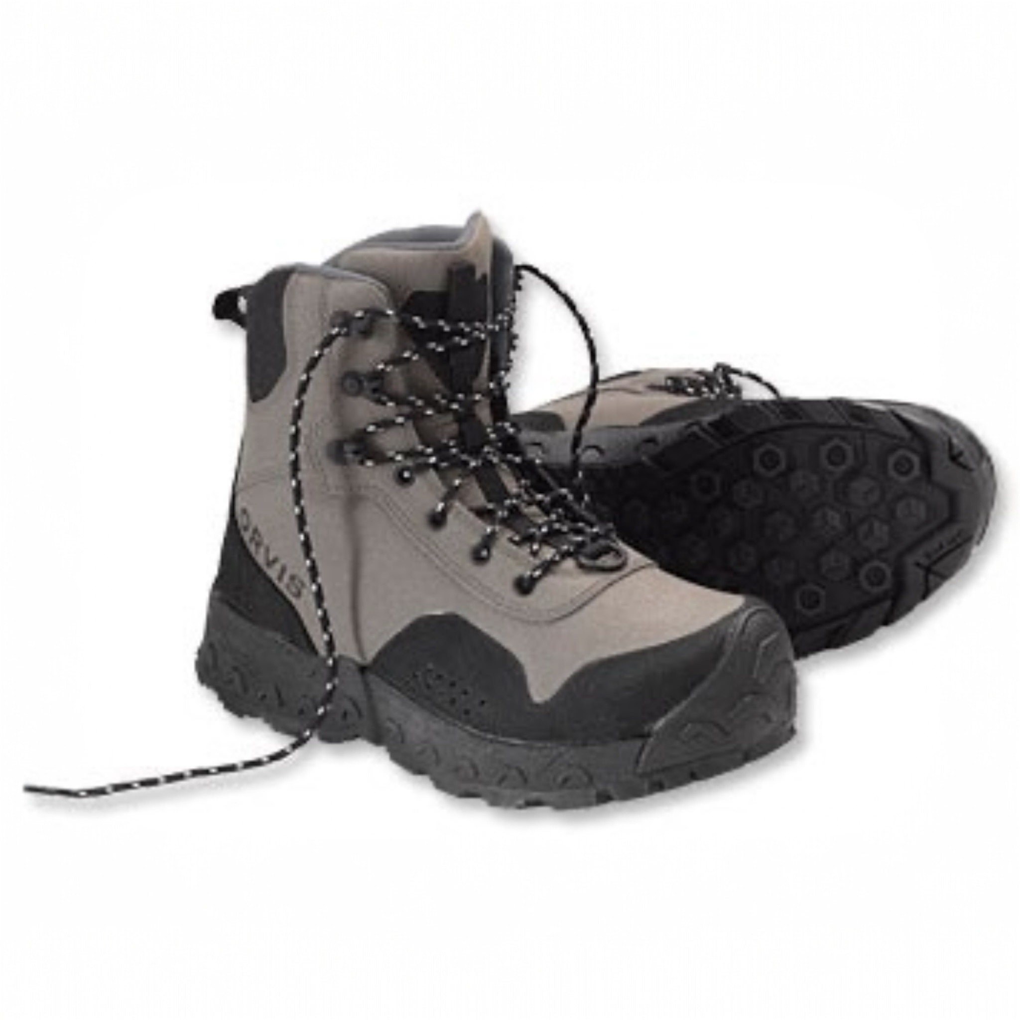 Pair of gray and black hiking boots on a white background