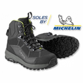 Gray Orvis fishing boots with Michelin sole on a white background