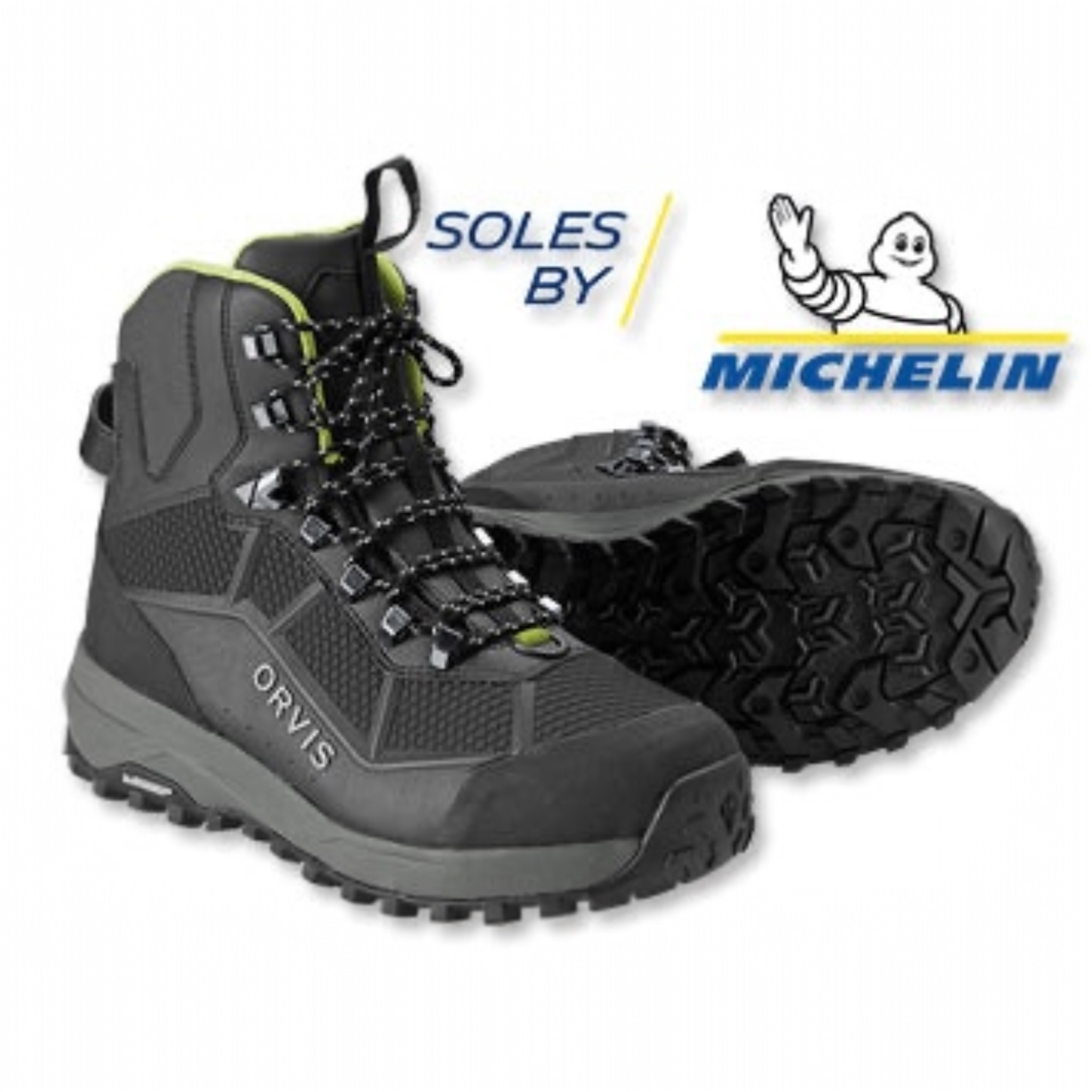 Gray Orvis fishing boots with Michelin sole on a white background