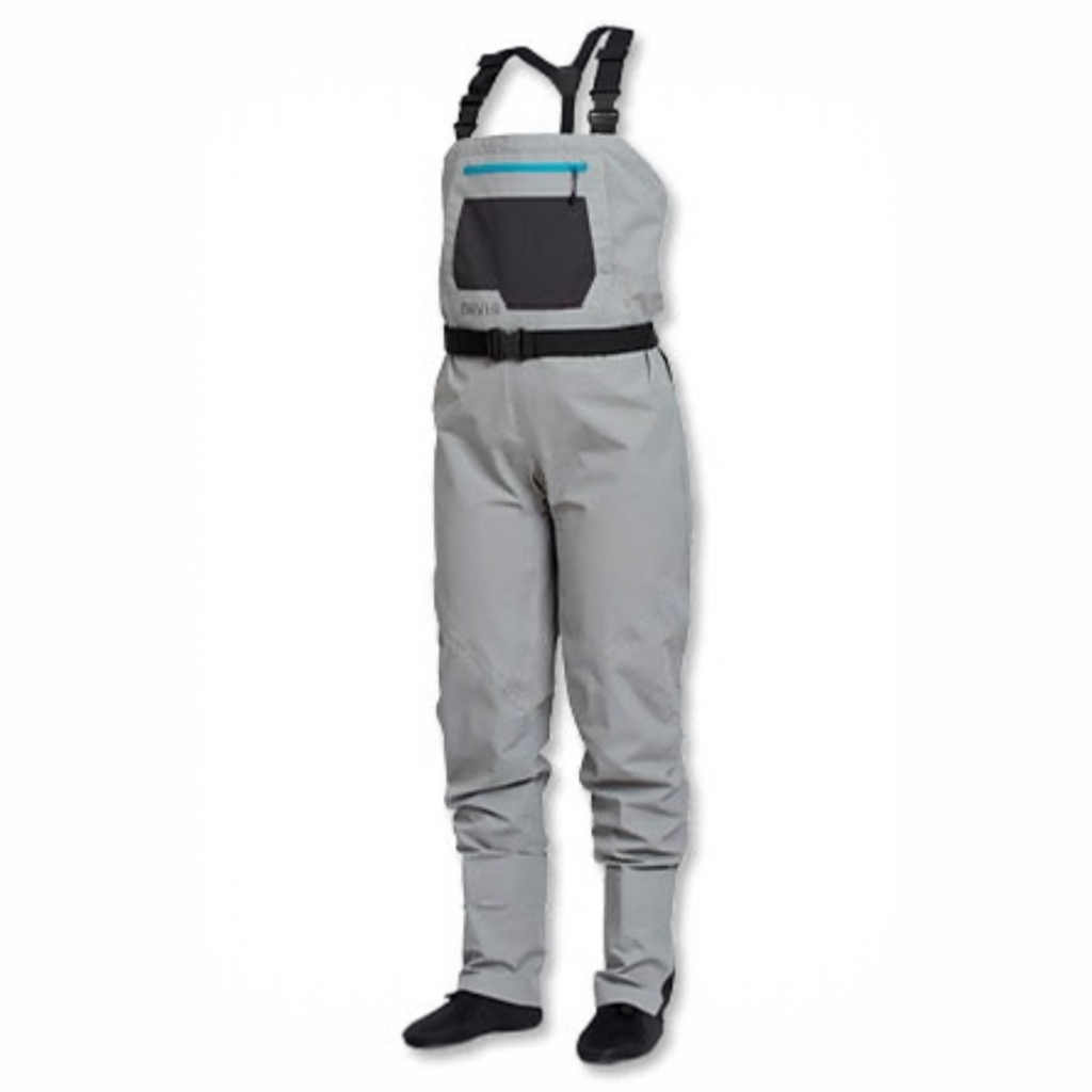 Gray Orvis women waders with suspenders on a white background