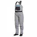Gray Orvis women waders with suspenders on a white background
