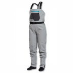 Gray Orvis women waders with suspenders on a white background