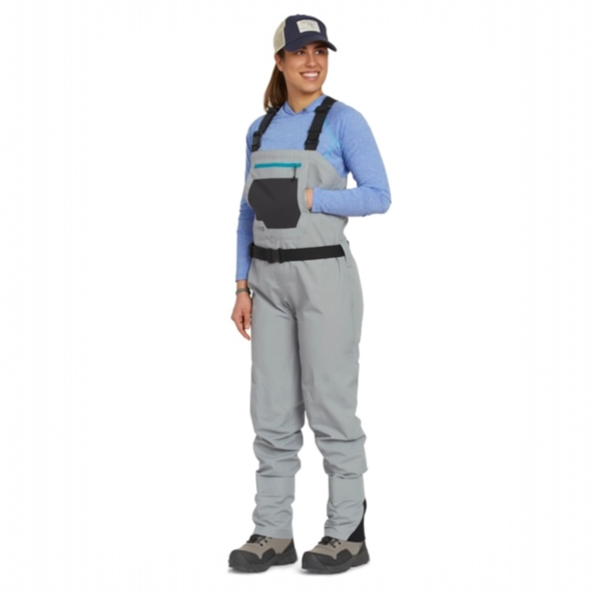 Person wearing gray Orvis women waders with suspenders on a white background