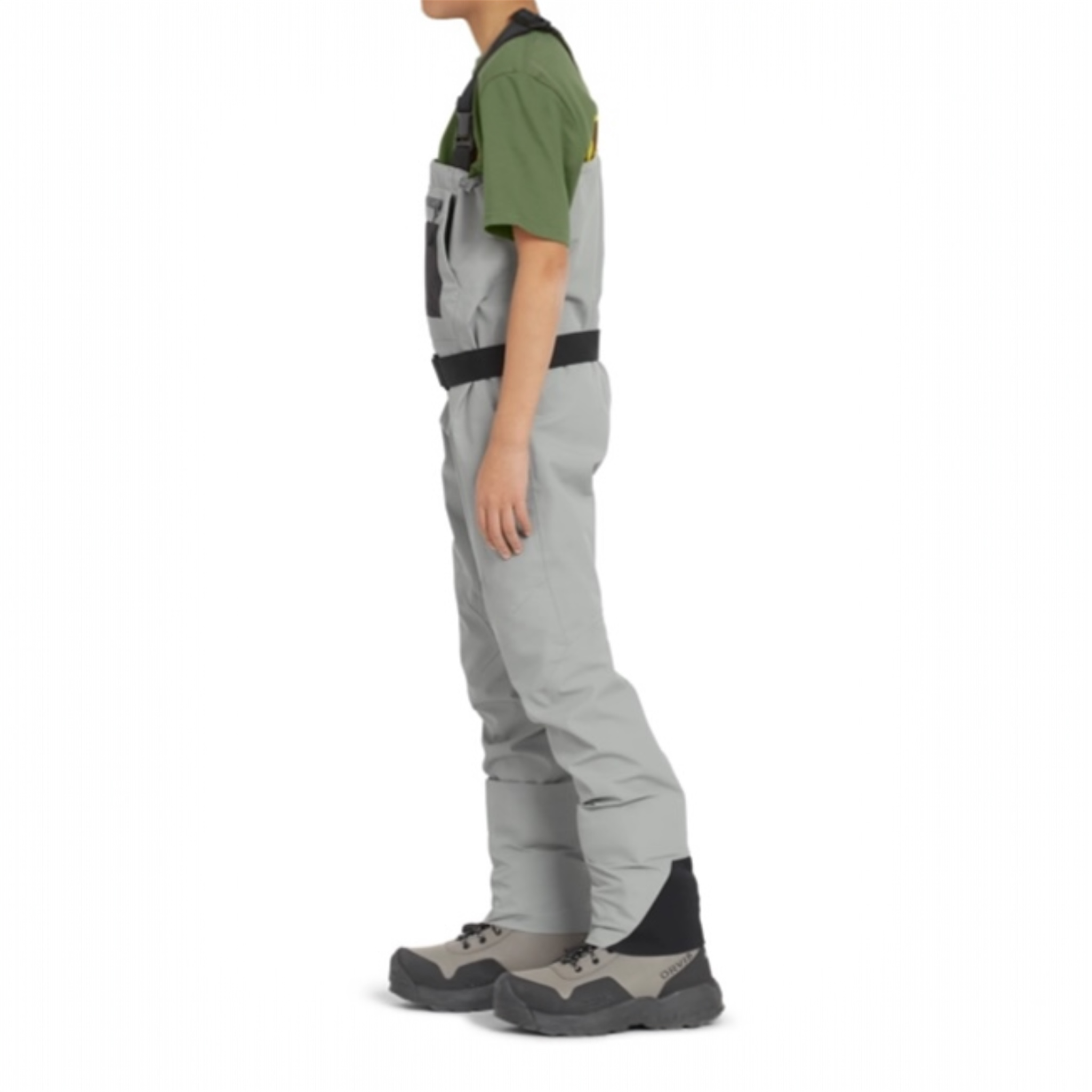 Person wearing gray pants with black accents on a white background
