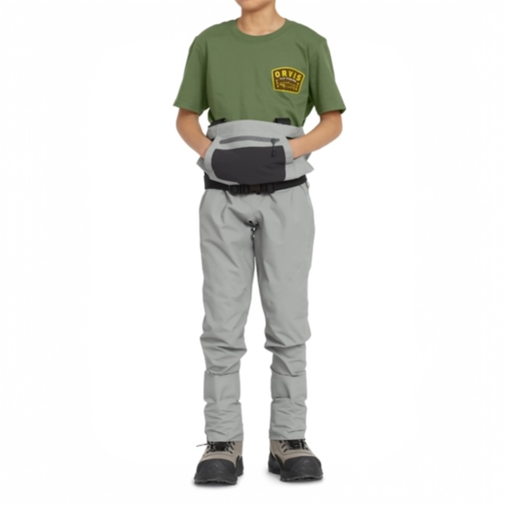 Person wearing a green shirt and gray pants with a belt on a white background