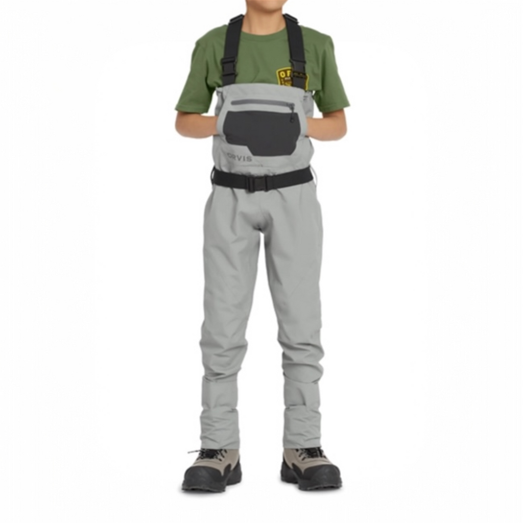 Person wearing gray waders and a green shirt on a white background