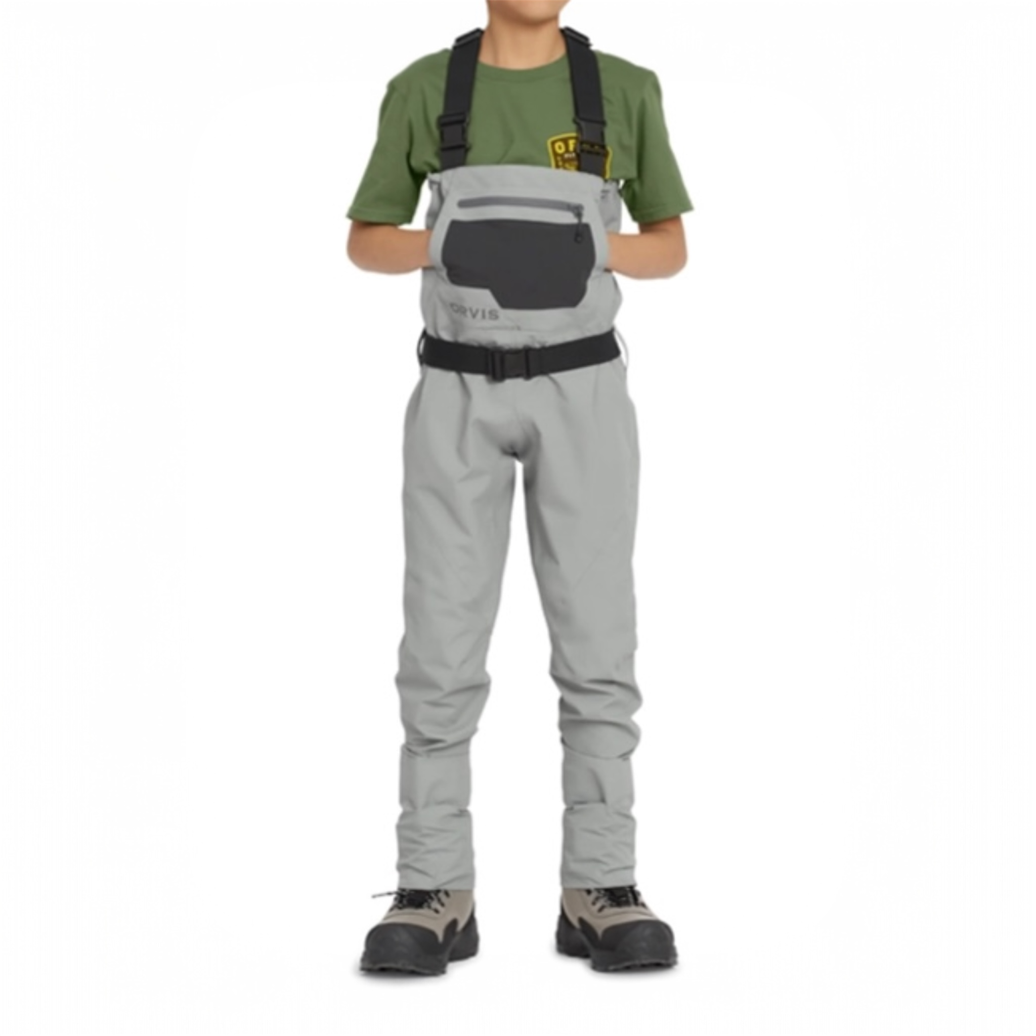 Person wearing gray waders and a green shirt on a white background